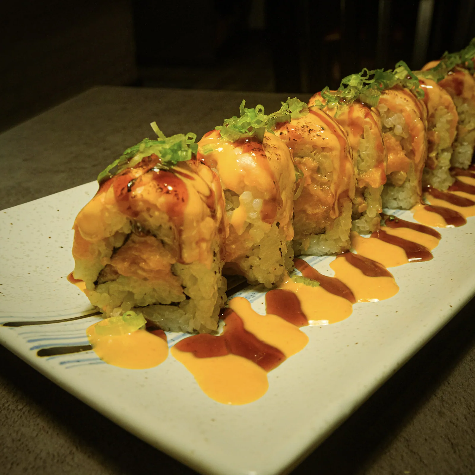 Double salmon roll with teriyaki and spicy mayo