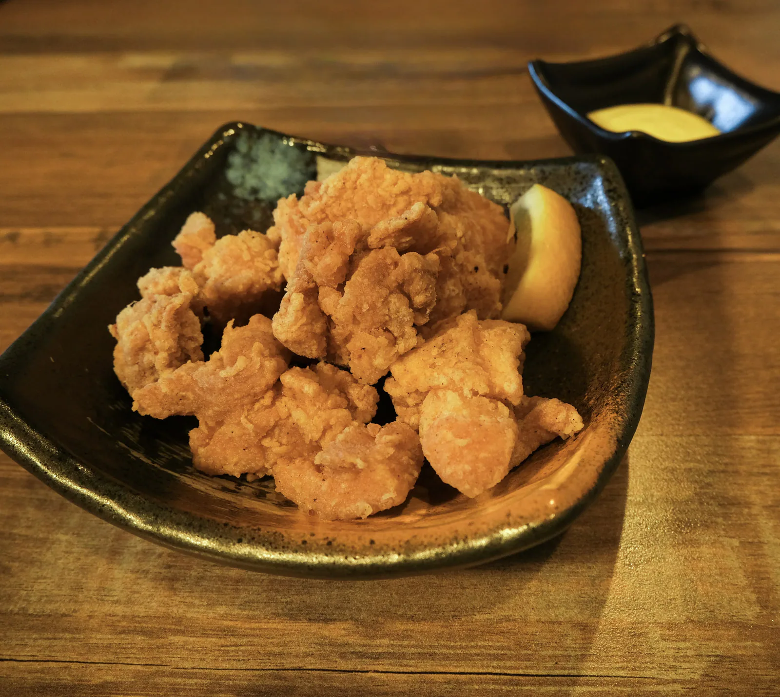Karaage with lemon and mustard mayonnaise