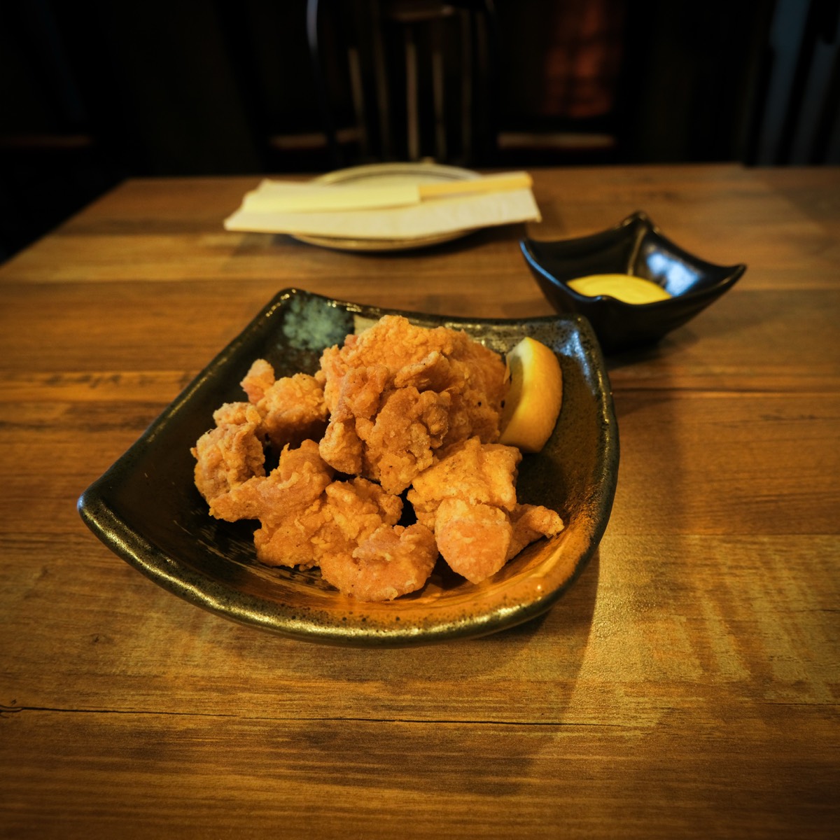 Karaage with lemon and mustard mayonnaise