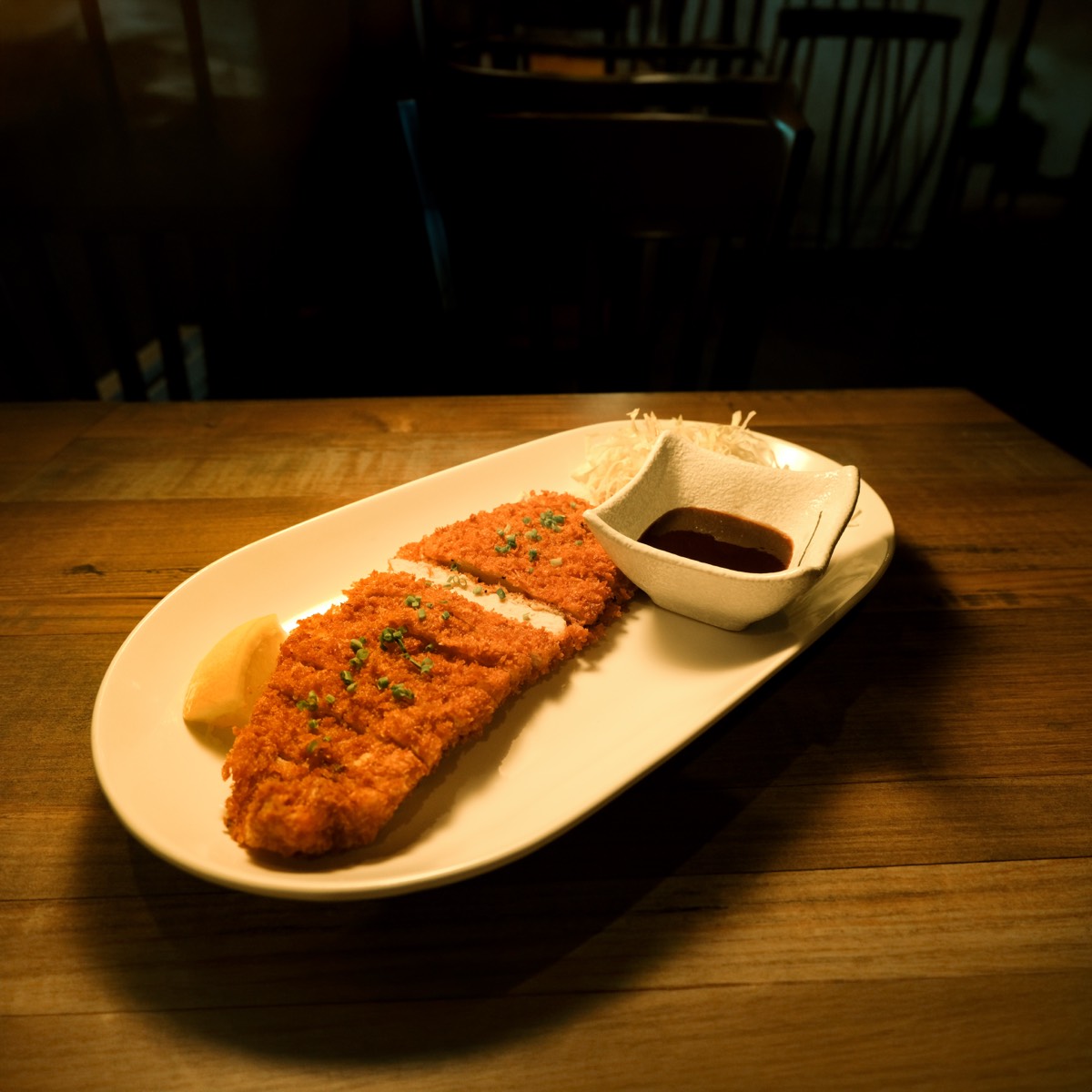 Pork katsu with shredded cabbage and tonkatsu sauce
