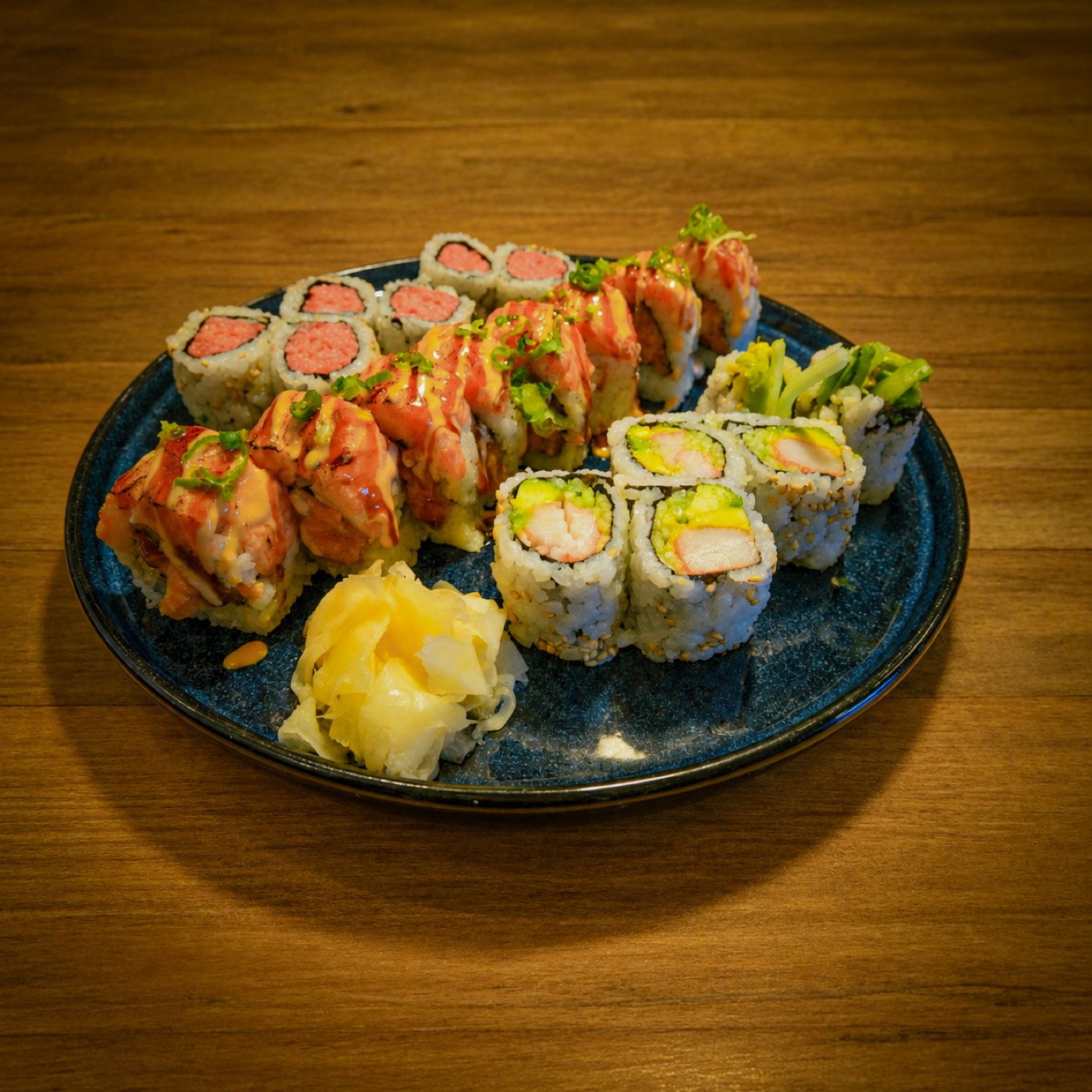 A platter of sushi rolls