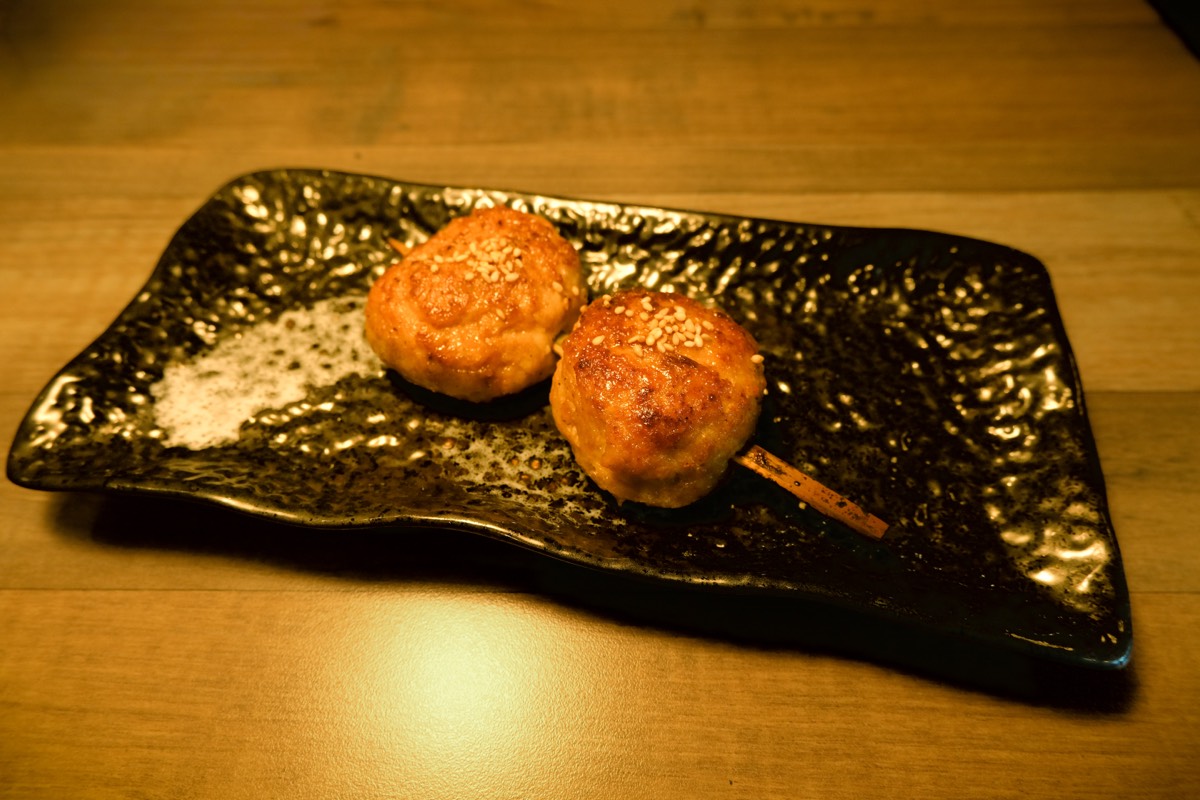 Tsukune, grilled chicken patty skewers
